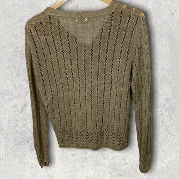 Vintage CDG 100% Linen Tan Knit Cardigan Sweater Cutout Lightweight Hong Kong L - Picture 3 of 13